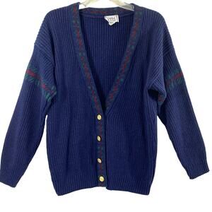 Vintage Cricket Lane Cardigan Sweater Womens Large Blue Preppy‎ Ribbed Knit